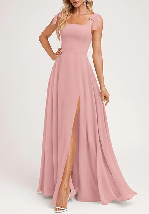 Blush Pink A-line Square Bow Sleeves Pure Georgette Gown