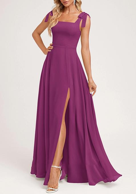 Purple A-line Square Bow Sleeves Pure Georgette Gown