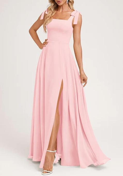 Petal Pink A-line Square Bow Sleeves Pure Georgette Gown