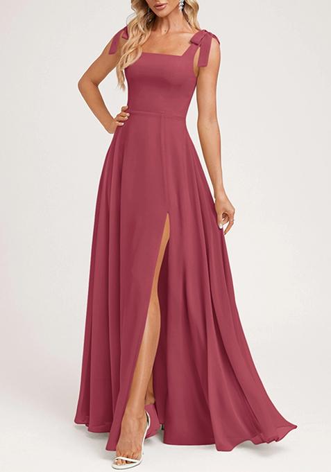 Deep Pink A-line Square Bow Sleeves Pure Georgette Gown