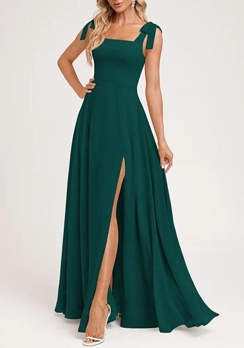 Emerald A-line Square Bow Sleeves Pure Georgette Gown