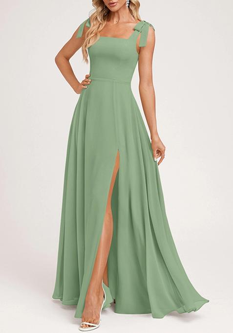 Basil Green A-line Square Bow Sleeves Pure Georgette Gown