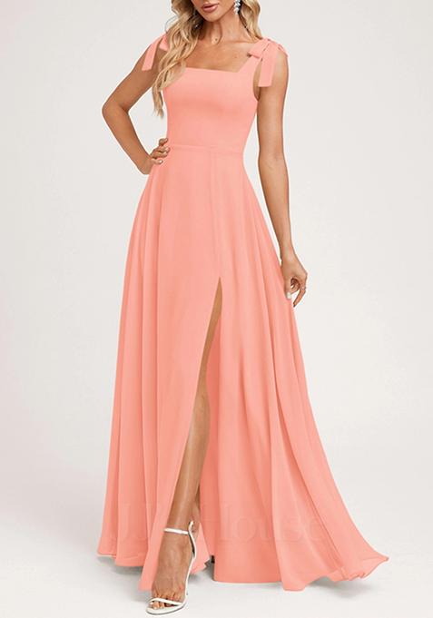 Coral A-line Square Bow Sleeves Pure Georgette Gown