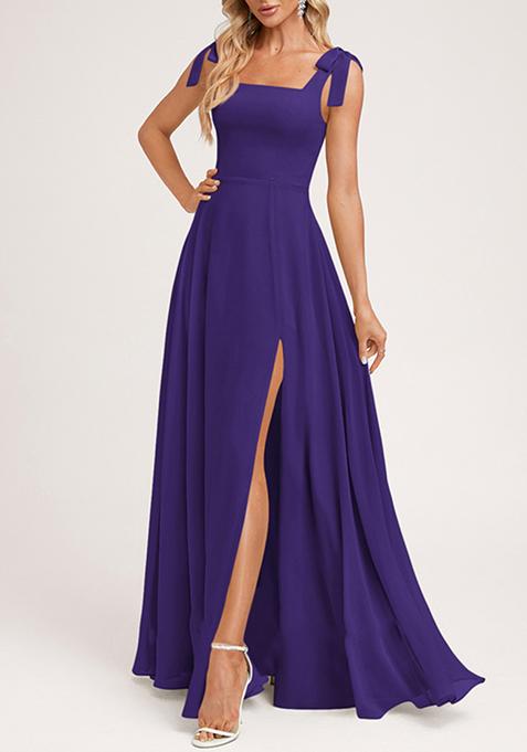 Purple A-line Square Bow Sleeves Pure Georgette Gown