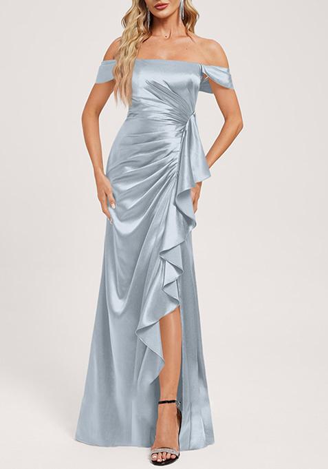 Ice Blue A-line Square Floor-Length Stretch Satin Gown