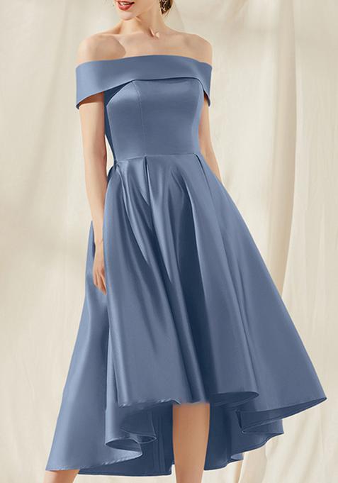 Slate Blue A-line Off the Shoulder Asymmetrical Satin Cocktail Dress