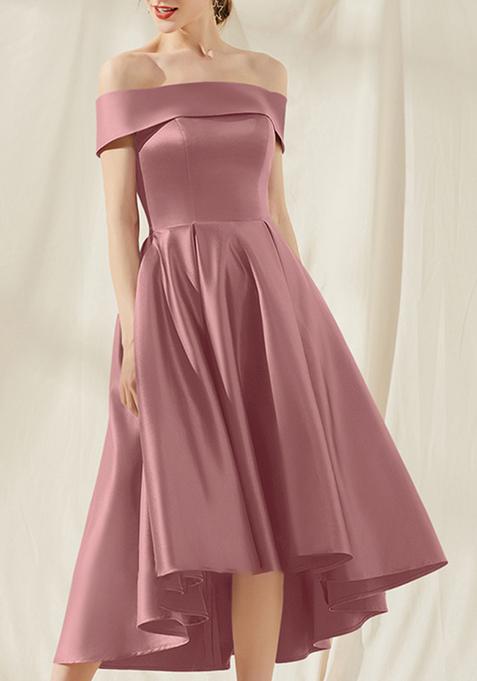 Desert Rose A-line Off the Shoulder Asymmetrical Satin Cocktail Dress