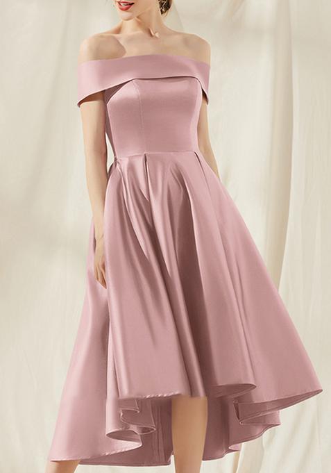 Sandy Pink A-line Off the Shoulder Asymmetrical Satin Cocktail Dress