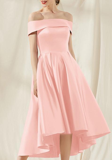 Pearl Pink A-line Off the Shoulder Asymmetrical Satin Cocktail Dress