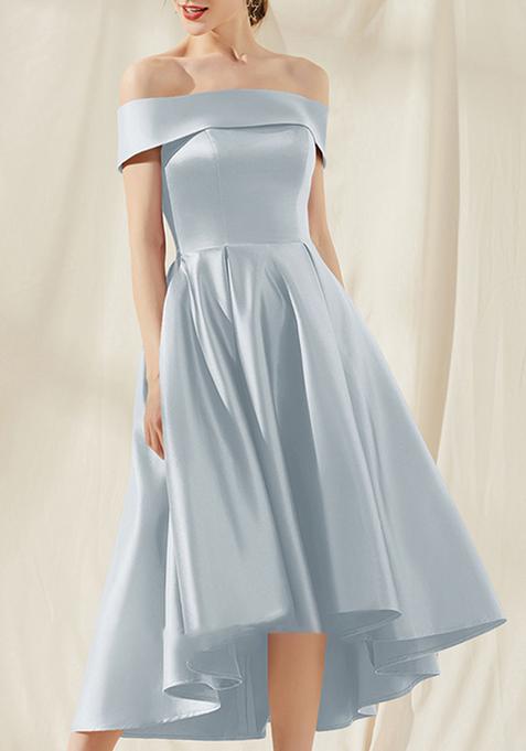 Ice Blue A-line Off the Shoulder Asymmetrical Satin Cocktail Dress