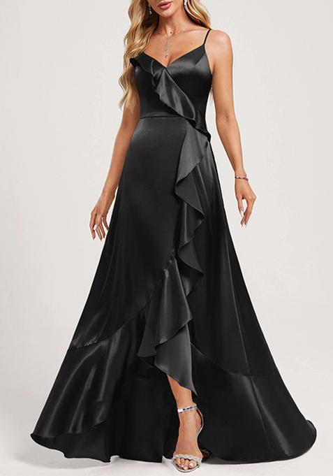 Black A-line V-Neck Asymmetrical Ruffled Stretch Satin Gown