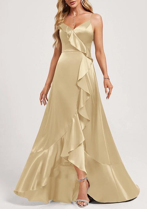 Light Brown A-line V-Neck Asymmetrical Ruffled Stretch Satin Gown