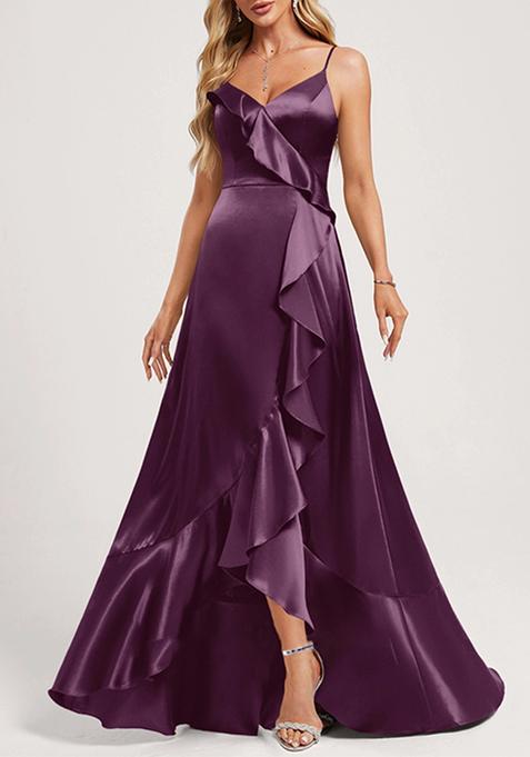 Purple A-line V-Neck Asymmetrical Ruffled Stretch Satin Gown