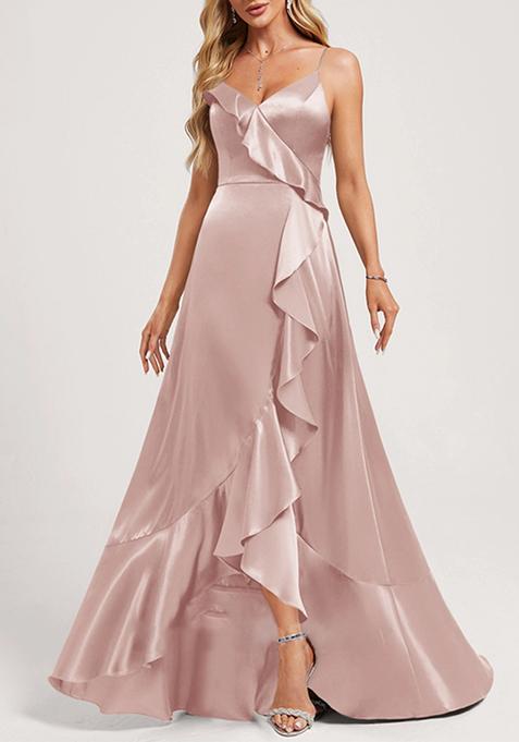 Dusty Rose A-line V-Neck Asymmetrical Ruffled Stretch Satin Gown