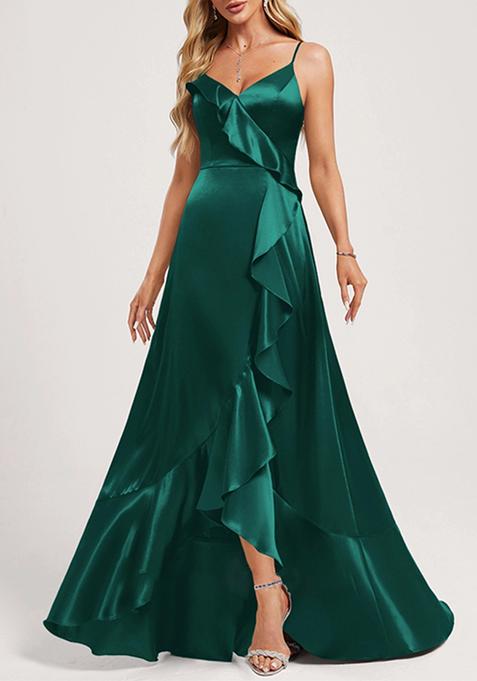 Emerald A-line V-Neck Asymmetrical Ruffled Stretch Satin Gown