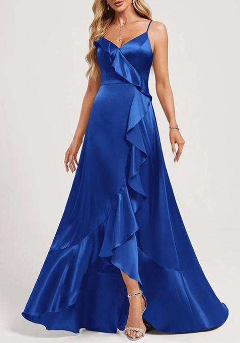 Royal Blue A-line V-Neck Asymmetrical Ruffled Stretch Satin Gown