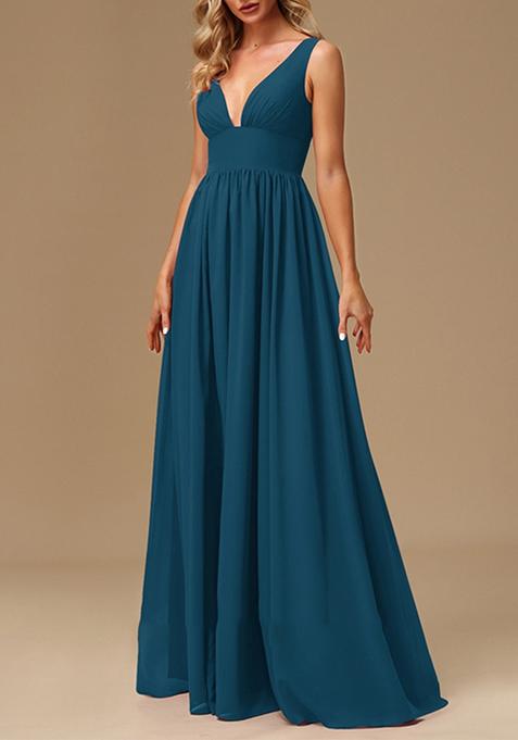 Ink Blue A-line V-Neck Chiffon Gown