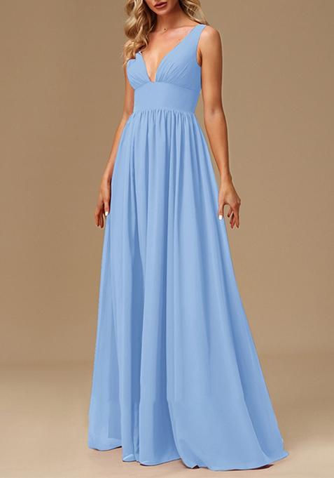 Light Blue A-line V-Neck Chiffon Gown