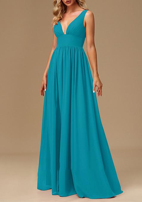 Jade Blue A-line V-Neck Chiffon Gown