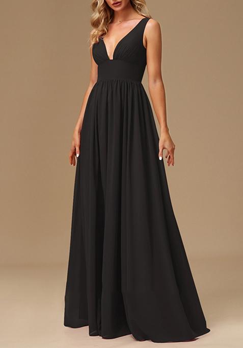 Black A-line V-Neck Chiffon Gown