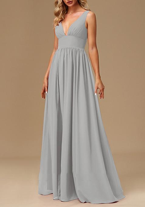 Silver A-line V-Neck Chiffon Gown