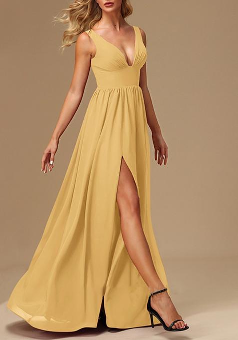 Golden A-line V-Neck Chiffon Gown