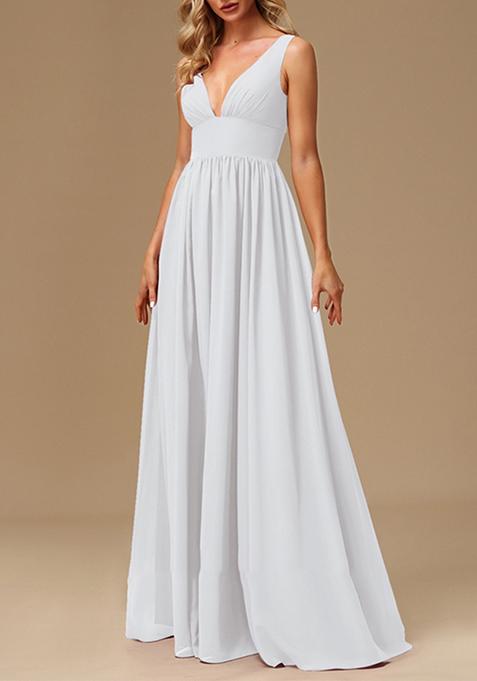 White A-line V-Neck Chiffon Gown