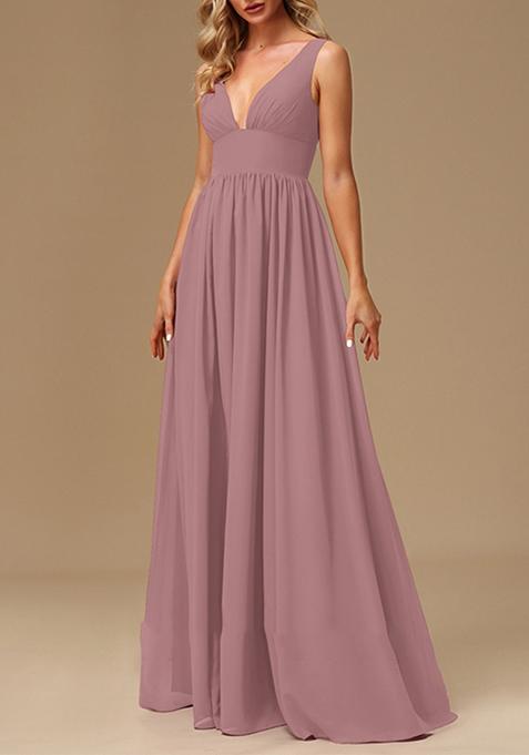 Vintage Mauve A-line V-Neck Chiffon Gown