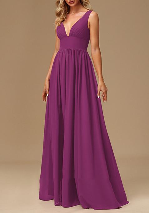 Purple A-line V-Neck Chiffon Gown