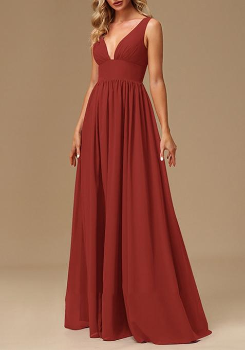 Dusty Red A-line V-Neck Chiffon Gown