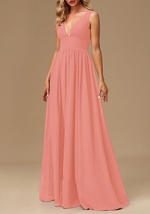 Coral A-line V-Neck Chiffon Gown