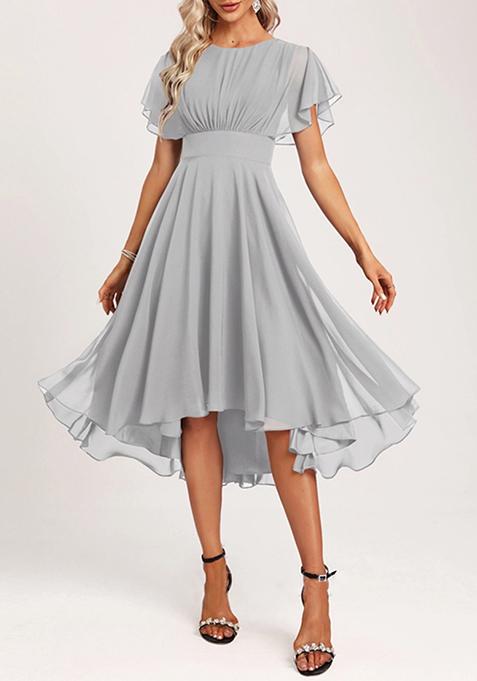 Silver A-line Scoop Asymmetrical Ruffled Chiffon Dress