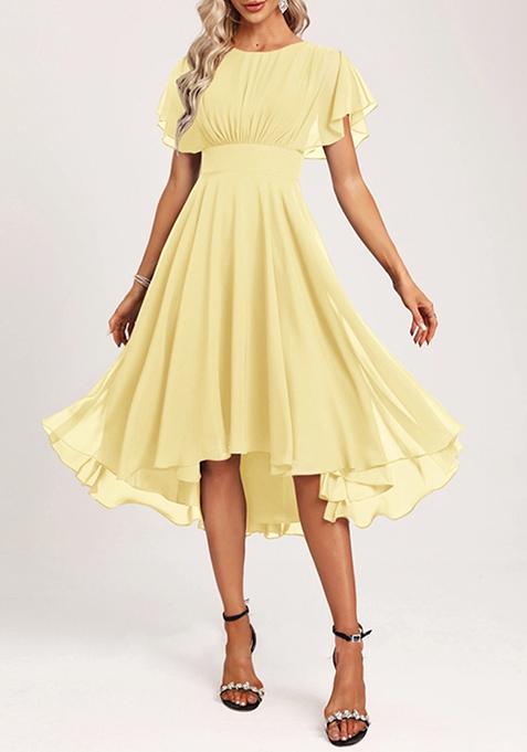 Yellow A-line Scoop Asymmetrical Ruffled Chiffon Dress