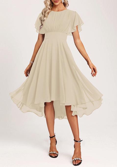 Grey A-line Scoop Asymmetrical Ruffled Chiffon Dress