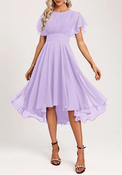 Lilac A-line Scoop Asymmetrical Ruffled Chiffon Dress