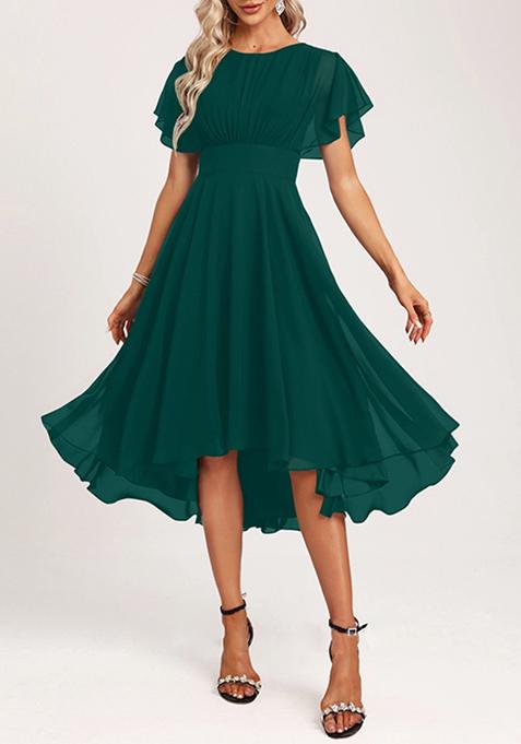 Emerald A-line Scoop Asymmetrical Ruffled Chiffon Dress