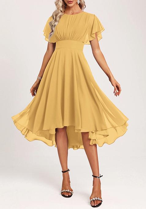 Golden A-line Scoop Asymmetrical Ruffled Chiffon Dress