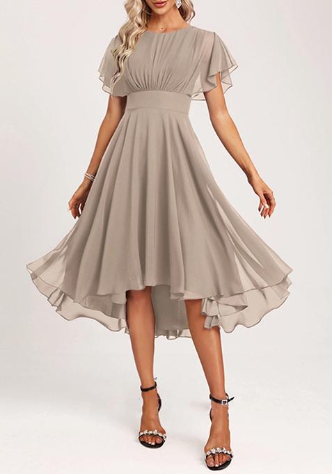 Grey A-line Scoop Asymmetrical Ruffled Chiffon Dress