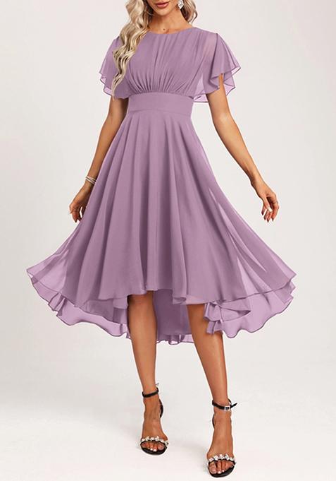 Light Violet A-line Scoop Asymmetrical Ruffled Chiffon Dress