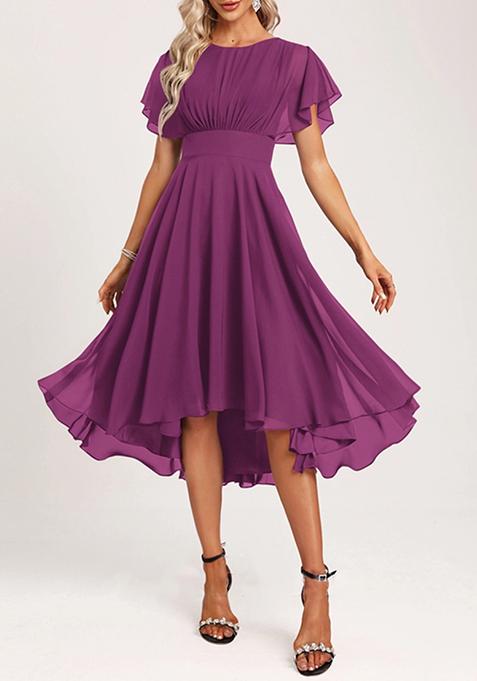 Purple A-line Scoop Asymmetrical Ruffled Chiffon Dress