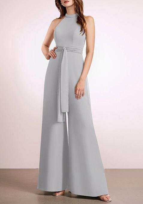 Silver High Neck Floor-Length Chiffon Jumpsuit