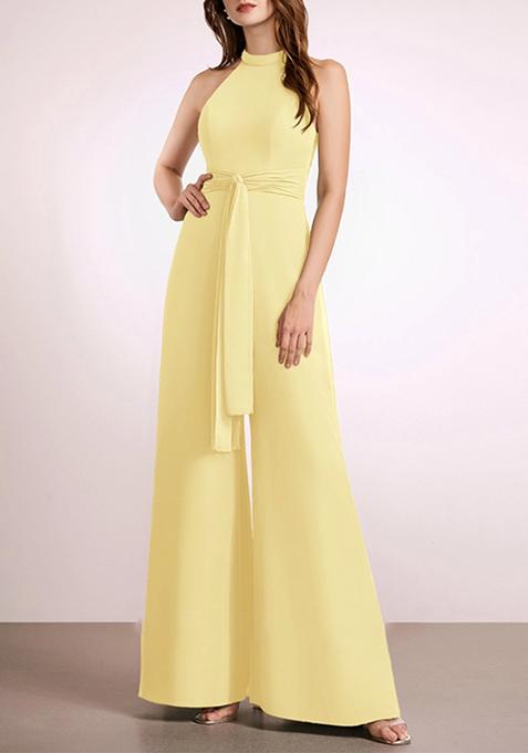 Yellow High Neck Floor-Length Chiffon Jumpsuit