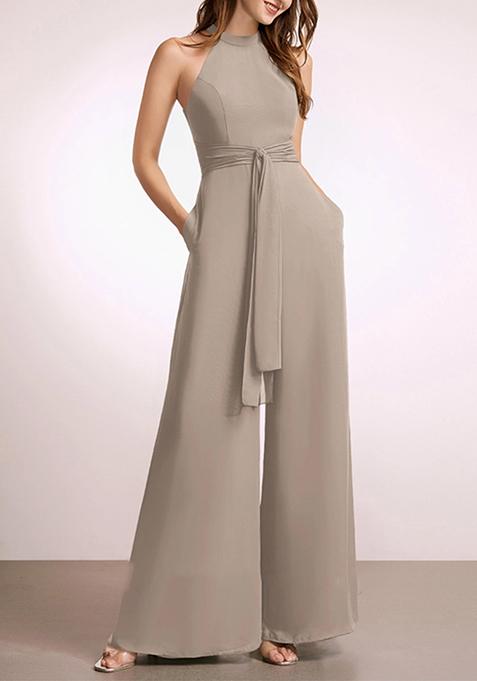 Grey High Neck Floor-Length Chiffon Jumpsuit