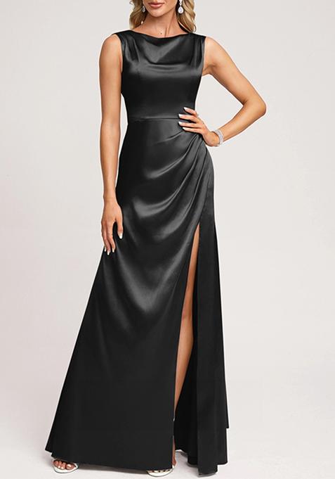 Black A-line Scoop Cowl Stretch Satin Gown