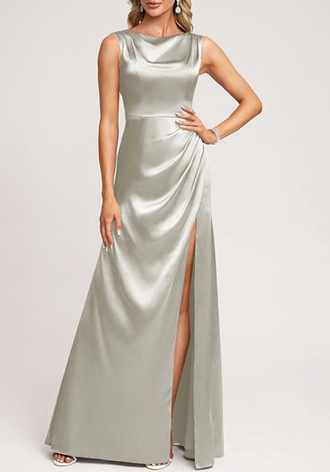 Silver A-line Scoop Cowl Stretch Satin Gown