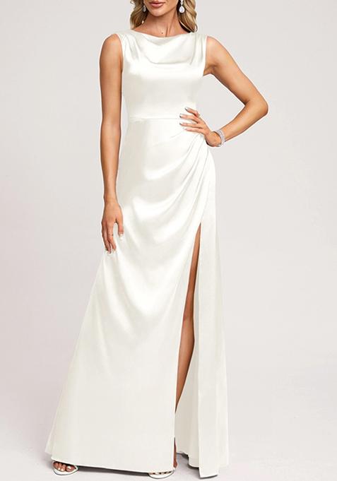 Ivory A-line Scoop Cowl Stretch Satin Gown