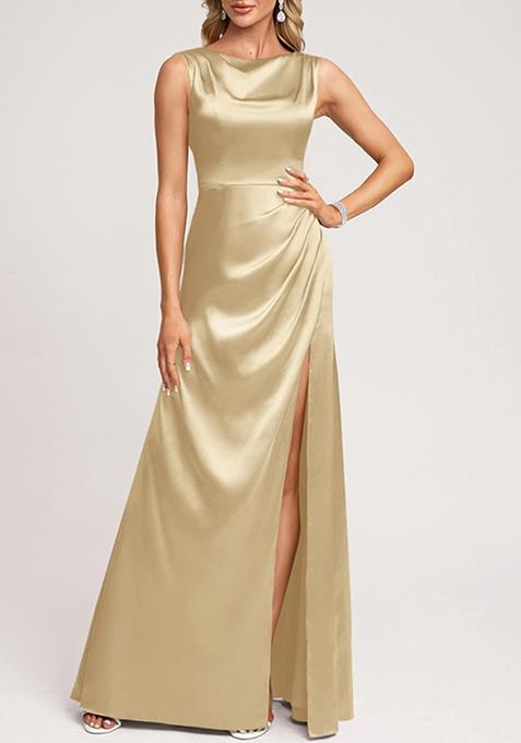 Light Brown A-line Scoop Cowl Stretch Satin Gown