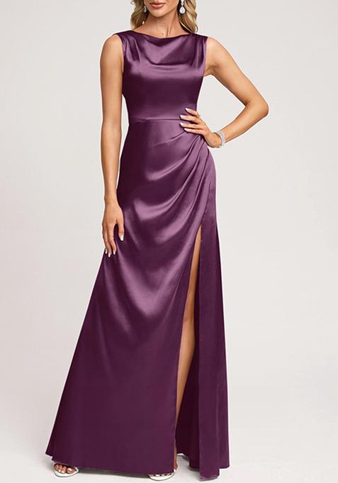 Purple A-line Scoop Cowl Stretch Satin Gown