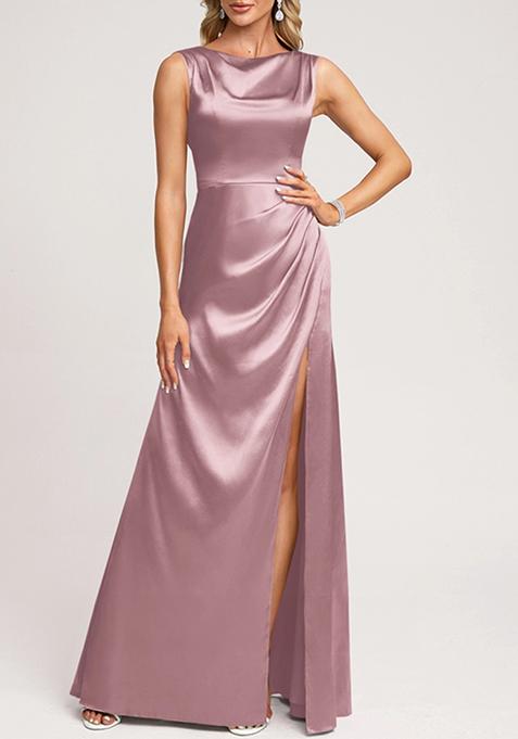 Vintage Mauve A-line Scoop Cowl Stretch Satin Gown