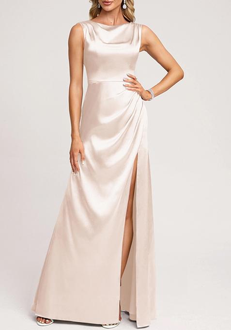 Blush Pink Pink A-line Scoop Cowl Stretch Satin Gown